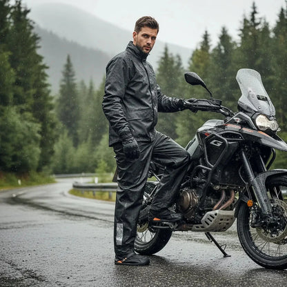 Motociclista con pantalón impermeable enterizo en carretera