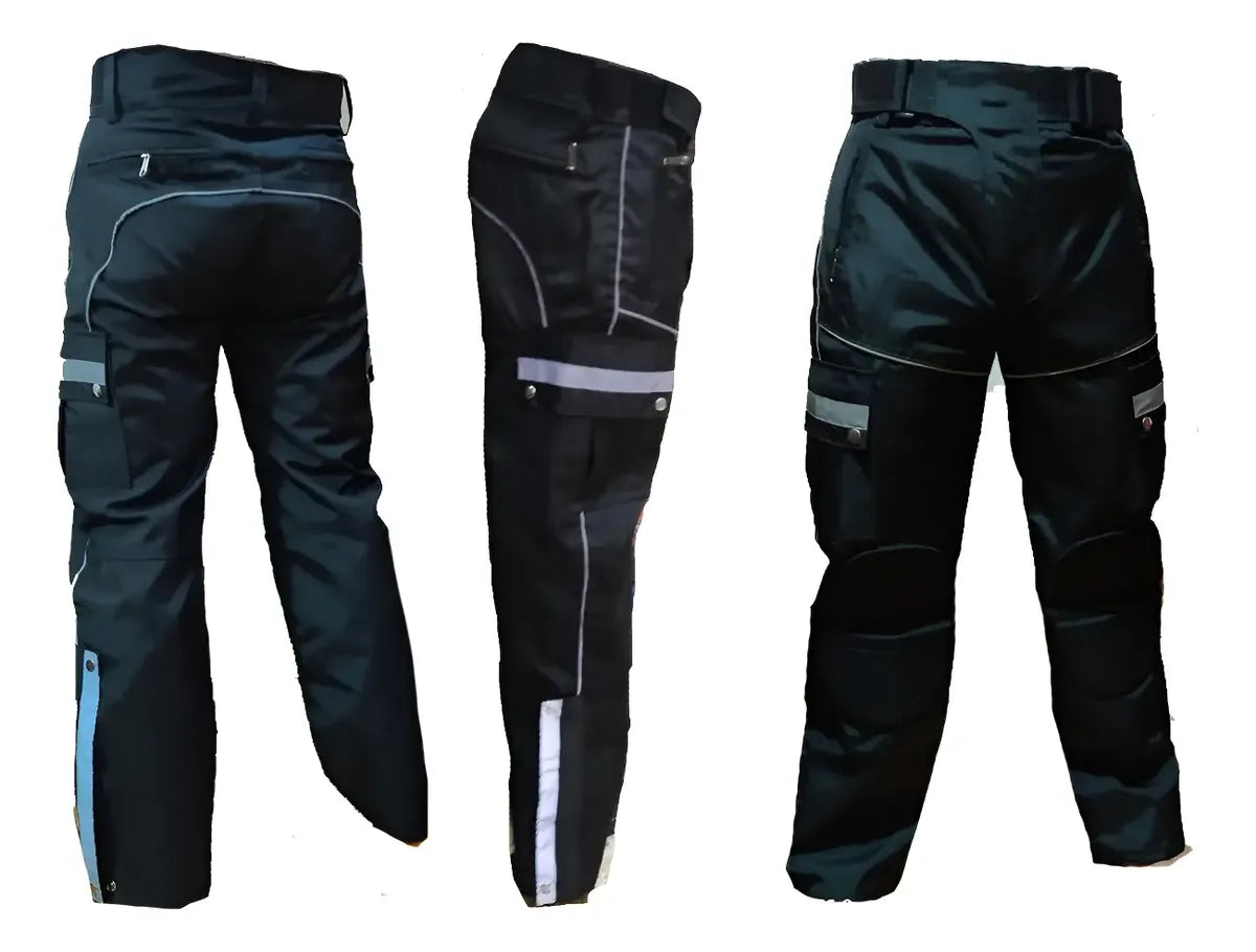 Tres vistas del pantalón anti-fricción reflectivo para moto