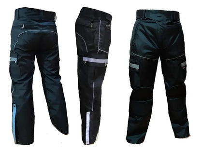 Tres vistas del pantalón anti-fricción reflectivo para moto