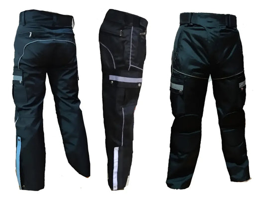 Tres vistas del pantalón anti-fricción reflectivo para moto