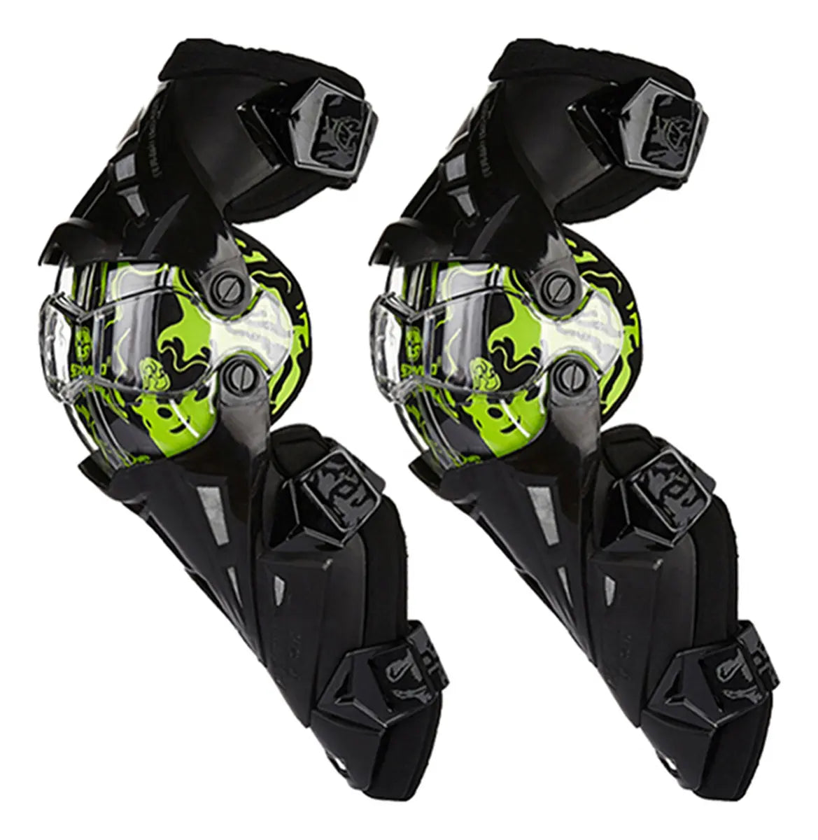 Rodilleras Scoyco K12 con detalles en verde fluorescente, vista frontal
