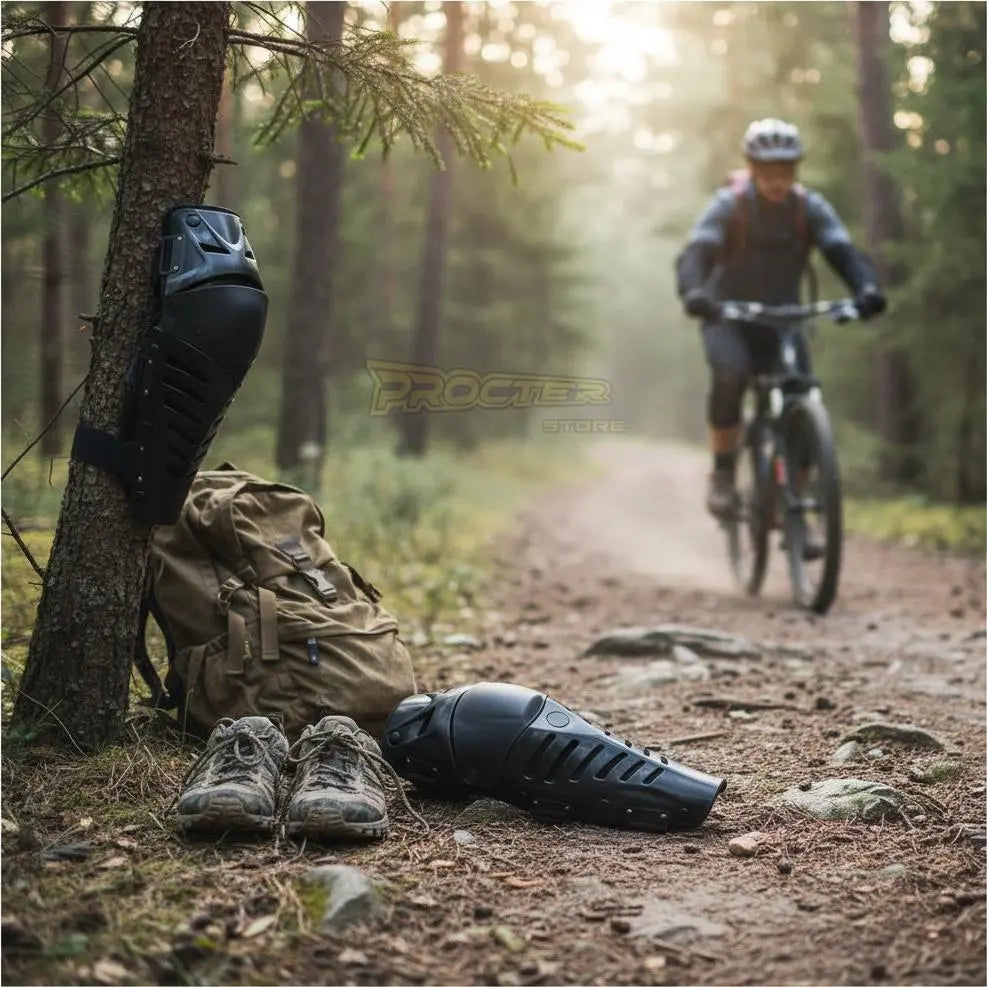 Ciclista de montaña en un sendero del bosque con una rodillera articulada apoyada junto a una mochila