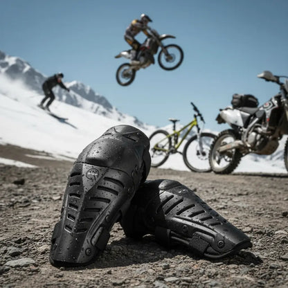 Rodilleras articuladas en primer plano con motos de motocross saltando al fondo