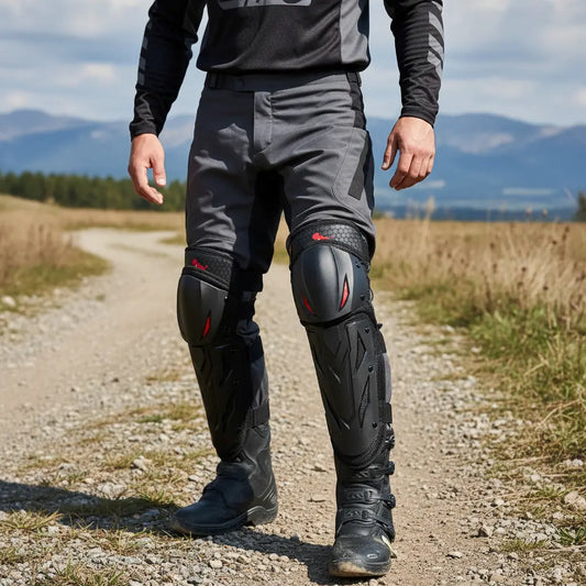 Hombre caminando con rodilleras articuladas para moto y MTB