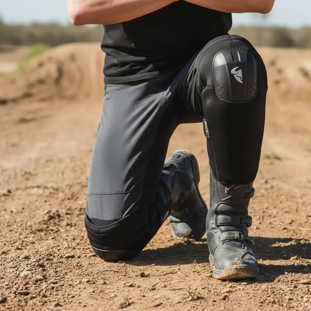 Motociclista arrodillado con las rodilleras Thor Static puestas