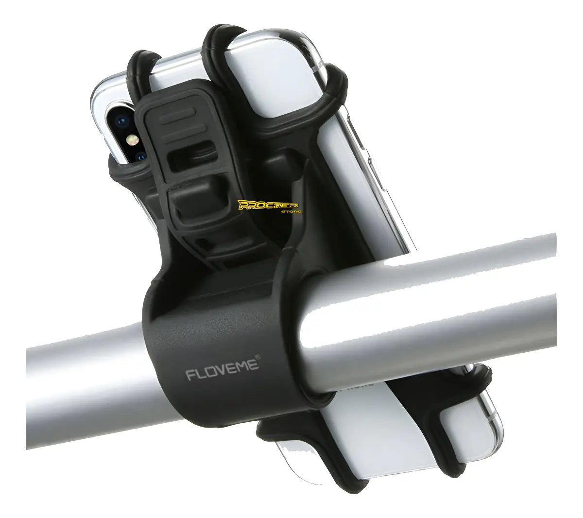 Soporte de silicona negro para celular sujeto al manubrio de una bicicleta con cuatro ganchos