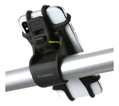 Soporte de silicona negro para celular sujeto al manubrio de una bicicleta con cuatro ganchos