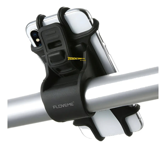 Soporte de silicona negro para celular sujeto al manubrio de una bicicleta con cuatro ganchos