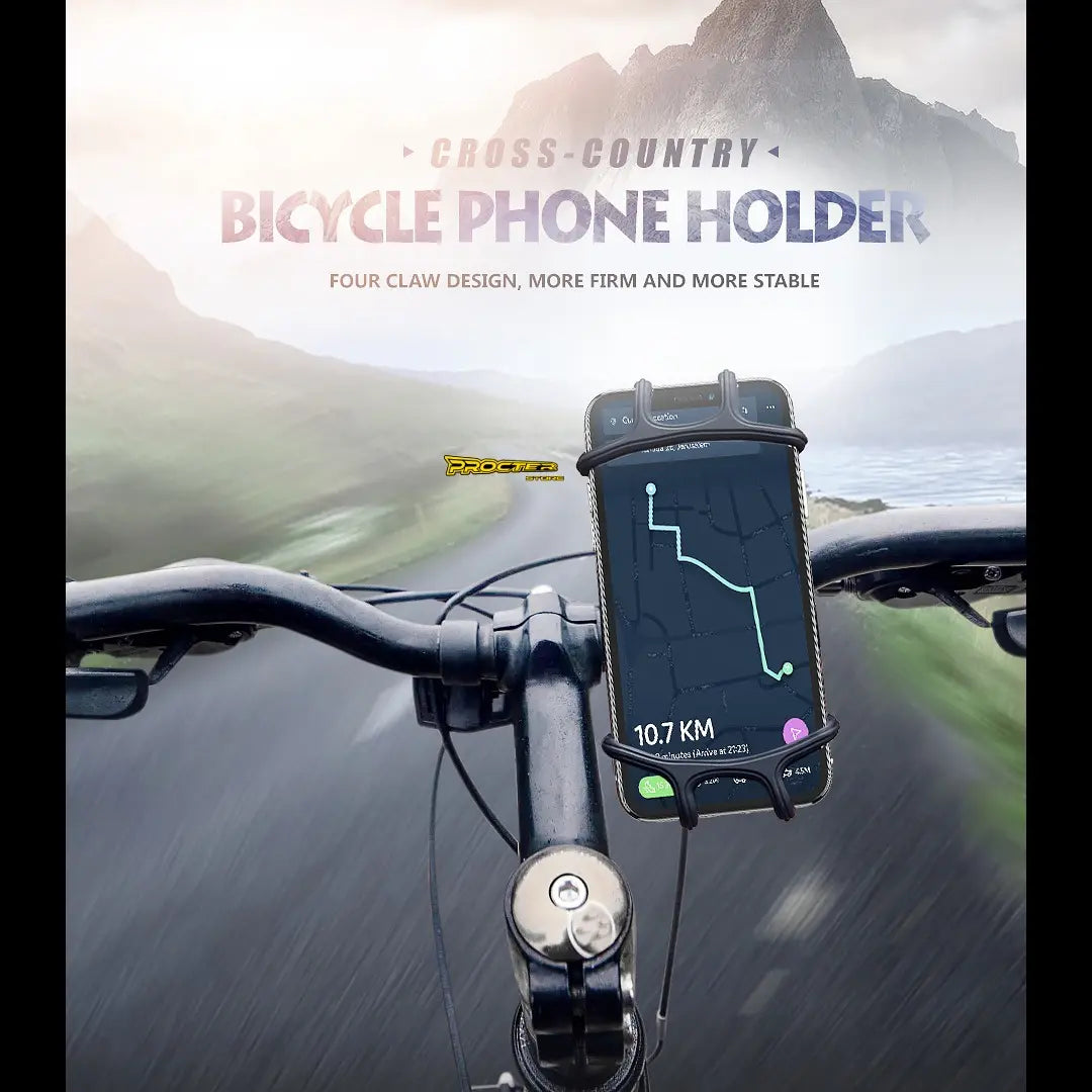 Soporte de silicona para celular en uso en el manubrio de una bicicleta, con navegación en pantalla