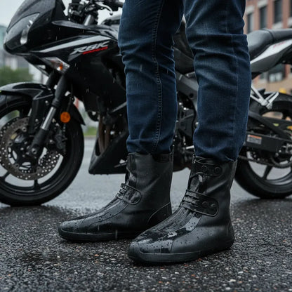 Piernas con zapatones impermeables junto a una moto
