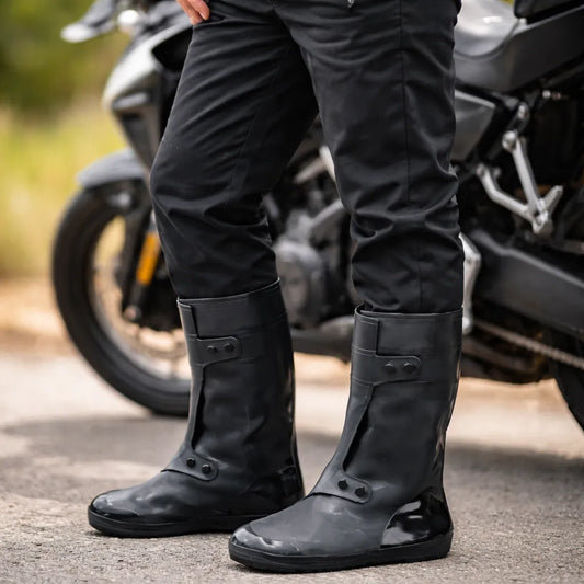 Piernas con zapatones de caña larga junto a una moto